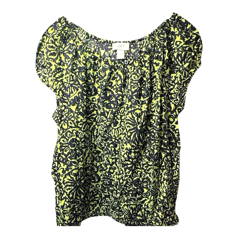 LOFT Women's Large Black Green Abstract Scoop Neck Short Sleeve Blouse Cotton